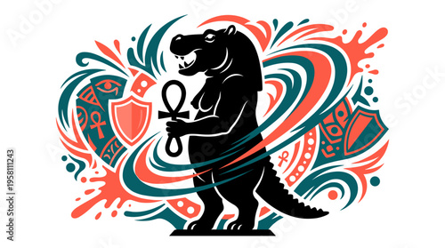 Egyptian goddess Taweret holding ankh symbol with abstract decorative swirls isolated on white background vector