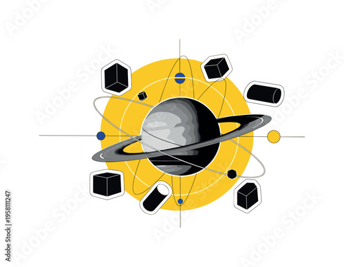 black and white ringed planet similar to Saturn with visible rings, bold yellow circle behind the planet creating a layered cosmic scene, thin orbit lines and