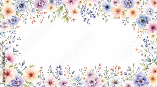 A dreamy floral composition with watercolor details creating a refined border around an open central area