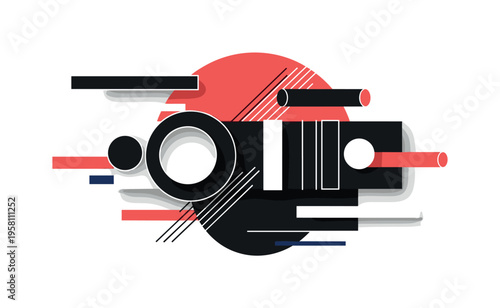 minimal abstract geometric arrangement of circles rectangles and thin diagonal lines forming a rhythmic pattern, black and white shapes layered like paper