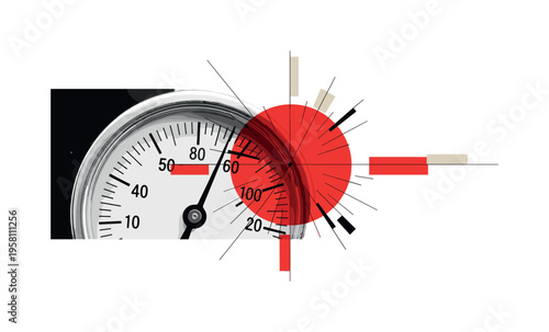 close-up water pressure tester dial showing measurement numbers, black and white cut-out instrument with white outline, bold red circle behind the dial,