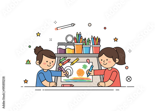 Creative art time with children illustrated by a small table holding paint jars, crayons, and colorful paper while two children work together on a drawing.