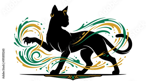 Elegant black cat silhouette with mystical gold and green swirls vector illustration