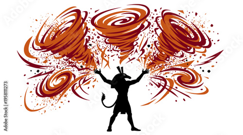 Egyptian god Set silhouette summoning red sandstorm tornadoes vector illustration