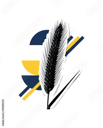 black and white spikelet stem with elongated awns creating elegant silhouette, white cut-out outline around the plant, geometric semicircles and diagonal bars