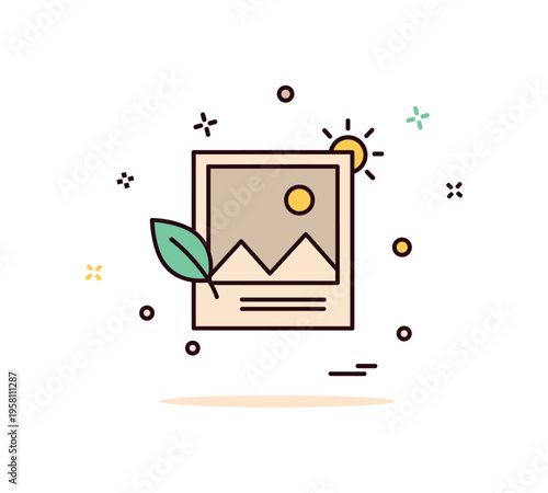 Sepia toned memory concept featuring a framed photograph icon with a small leaf and sun symbol suggesting treasured moments from the past. The composition