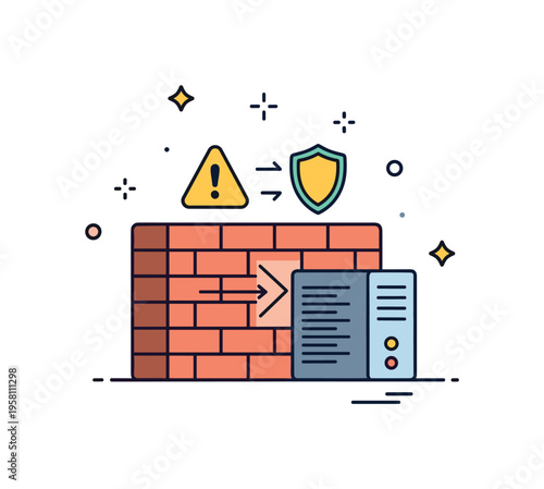 Cybersecurity firewall barrier where a compact brick wall blocks incoming warning icons while a small server sits safely behind it. The symbolic