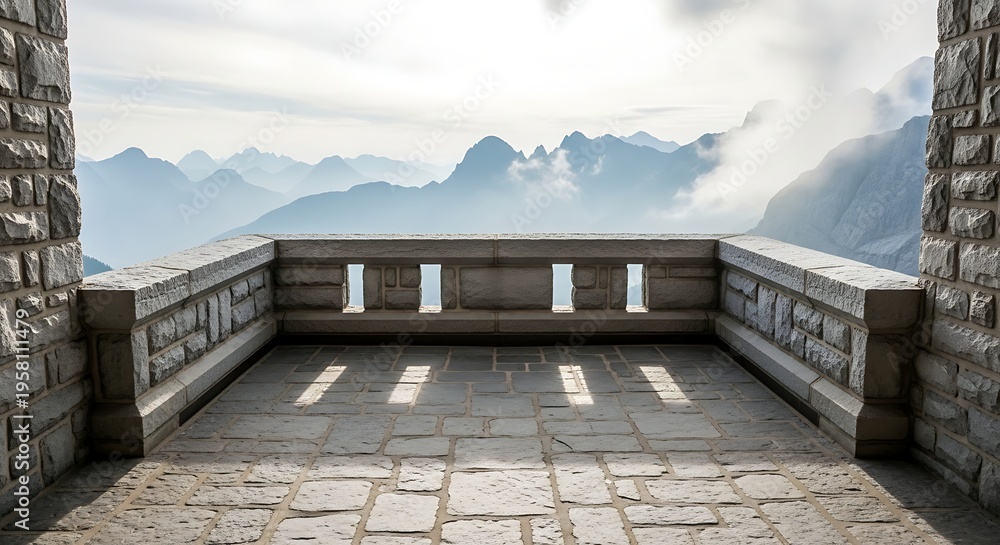 Fototapeta premium Balcony view of majestic mountain range under a cloudy sky offering a sense of adventure and tranquility