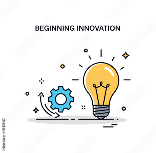 Beginning of innovation illustrated by a small gear slowly turning beside a glowing idea bulb. The scene represents the moment when creativity transforms into