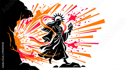 Japanese sun goddess Amaterasu emerging from cave with mirror vector illustration