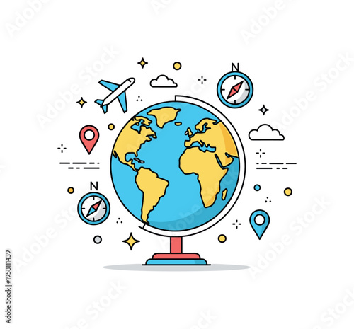 Travel exploration concept centered on a globe with small airplane and compass icons suggesting international journeys. Inspiring illustration reflecting