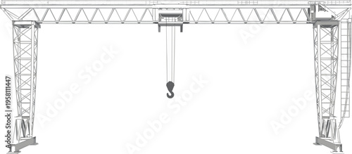 Technical vector illustration of industrial gantry crane wireframe, heavy lifting equipment and construction engineering design