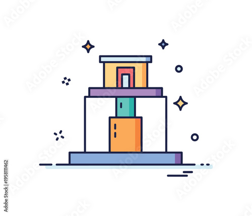 Structural stability symbol with a strong square base supporting a simple architectural form above it. Small sparkle accents reinforce the idea of durability