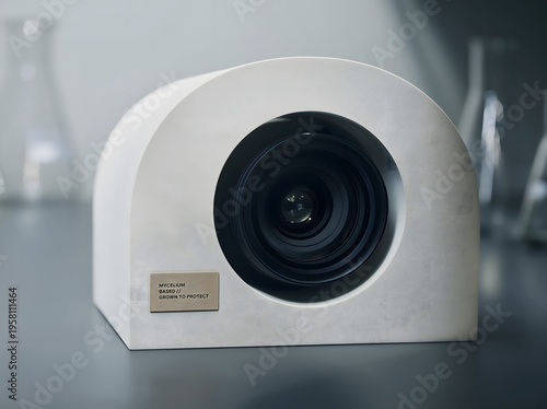 Minimalist close-up of an innovative mycelium  package with a large black camera lens, soft gray background, modern tech product shot with copy space.