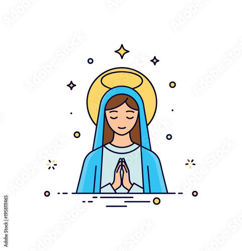 Veneration of Mary represented by a serene figure of Mary with hands gently folded while a soft halo and small stars appear above. Reverent spiritual scene