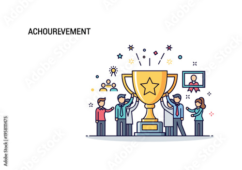 Corporate achievement celebration with a team gathered around a central award trophy. Confetti spark accents emphasize recognition, teamwork and shared