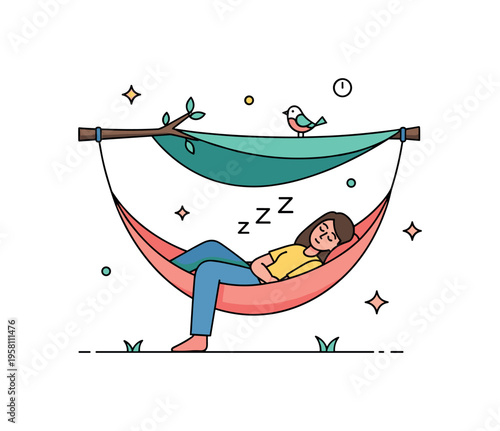 Garden hammock relaxation featuring a person quietly napping while a small bird sits on a nearby branch above the shaded hammock. The peaceful outdoor moment