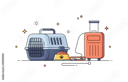 Pet travel essentials pet carrier placed next to a food bowl, leash, and small suitcase while tiny star icons suggest preparation for a comfortable trip with