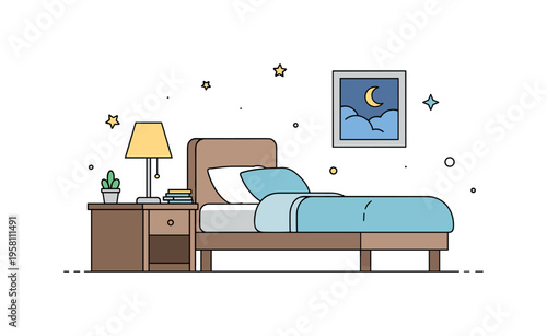 Minimal calming bedroom with a cozy bed, bedside table, and gentle lamp glow creating a relaxing nighttime mood. The illustration reflects simple decor