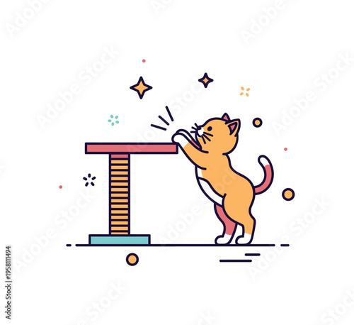 Kitten climbing scene with a curious small cat reaching toward a simple scratching post. Subtle star accents highlight energy, curiosity and playful