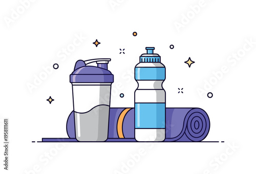 Fitness gear close up protein shake shaker bottle standing next to a rolled yoga mat and hydration bottle. Clean scene illustrating healthy training habits and