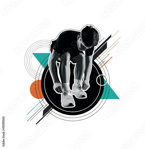black and white athlete tying sports shoes before competition, white contour outline around the athlete and shoes, layered circular halos and diagonal lines