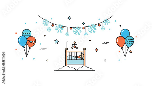 Snowy baby shower decoration setup with a small crib icon framed by soft snowflake garlands and festive balloons. The joyful composition celebrates new life