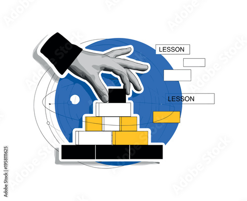 conceptual learning through play with a black and white hand stacking game blocks, white cut-out outline effect around the hand and blocks, large blue circle