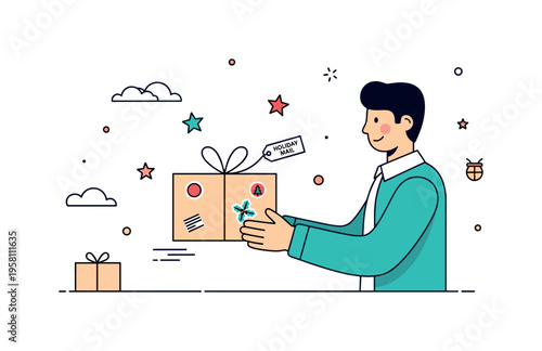 Receiving a holiday package in the mail with a person happily holding a freshly delivered parcel decorated with festive stickers and ribbon. Small stars and a