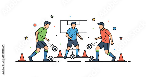 Small sided soccer drill featuring three players practicing quick passes inside a small training area marked with cones. The scene reflects teamwork, quick