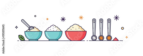 Preparing ingredients for cooking small bowls with sugar, flour, and spices placed beside measuring spoons while spark icons suggest organization and readiness