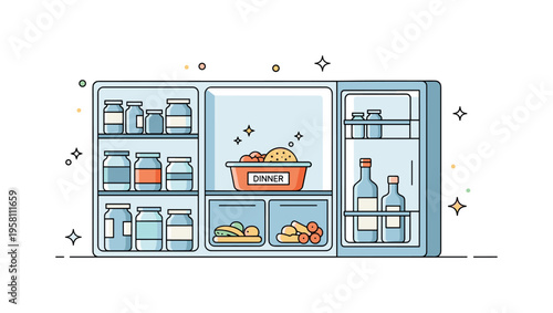 Leftovers discovery moment centered on a small food container sitting inside an open fridge shelf surrounded by simple jars and bottles. Tiny sparkle accents