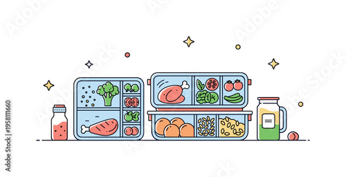 Meal prep containers organized on a kitchen surface with small ingredient icons like broccoli, chicken, and grains arranged neatly in compartments. The scene