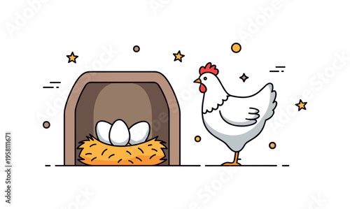 Rural chicken nesting area simple coop interior with a straw nest and fresh eggs while a hen stands nearby watching over them. Calm farm life scene symbolizing