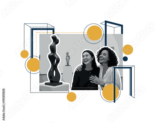 black and white friends laughing while looking at a sculpture in a museum, cut-out collage style with white outline, floating geometric circles and vertical