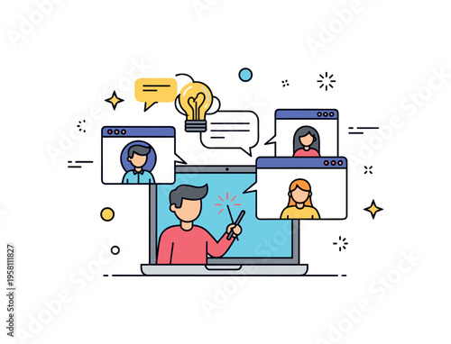 Webinars and workshops learning session with a person presenting ideas on a laptop screen while small participant icons appear in separate windows. Speech