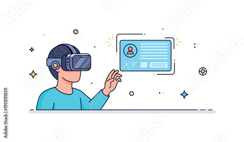 Immersive VR technology concept with a headset user reaching toward a floating virtual interface panel. Small spark accents highlight innovation and next