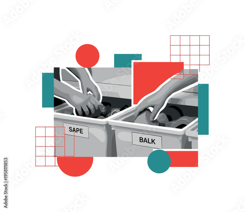 black and white child hands placing toys into labeled storage bins, realistic cut-out collage look with white outline, abstract circles and grid rectangles