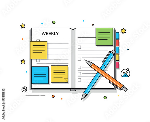 Weekly planning moment centered on an open planner page with a few bright sticky notes and two colorful pens resting diagonally across the paper. Friendly