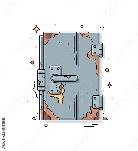 Corroded door hinge and rust spreading across an old metal door surface. The compact scene highlights deterioration and the natural process of metal aging.