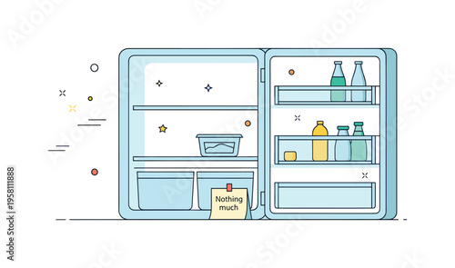 Empty fridge reality featuring a mostly bare refrigerator shelf with only a single lonely container and a small note reading ?Nothing much?. Gentle humorous