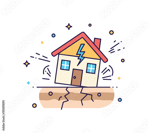 Earthquake emergency moment featuring a house shaking while small crack lines appear in the ground beneath it. Subtle motion accents highlight the sudden force