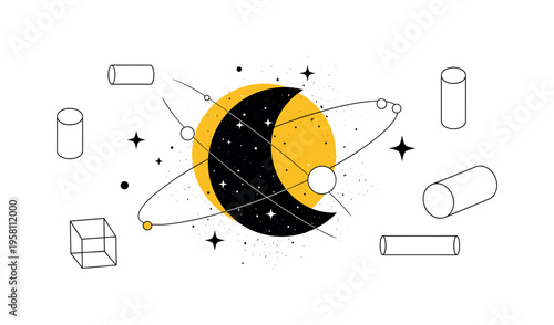 black and white crescent moon surrounded by stars and cosmic dust, bold yellow circle behind the moon symbolizing distant sunlight, thin orbit lines and