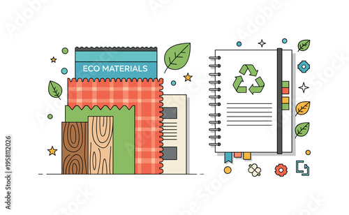 Eco materials inspiration natural textures such as wood, fabric, and recycled paper arranged beside a design notebook with leaf icons highlighting