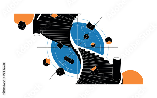 retro style black and white staircase inside a house illuminated by moonlight through a window, staircase cut out with white contour outline, bold orange