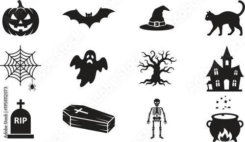 A collection of black Halloween icons on a white background including a jack-o-lantern, bat, witch hat, black cat, spider web, ghost, tree, haunted house, tombstone, coffin, skeleton, and cauldron.