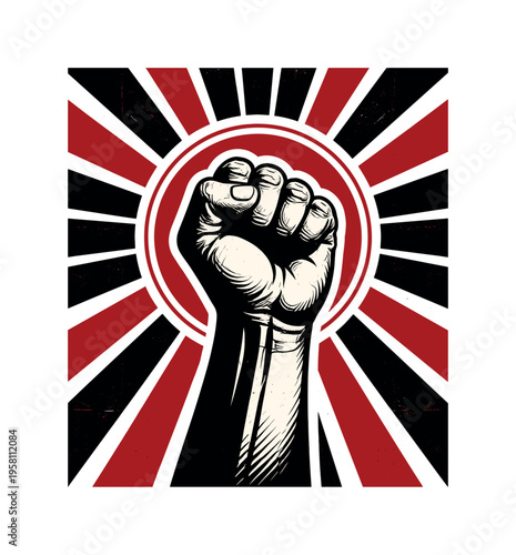 Black and white realistic raised fist gesture symbolizing empowerment and strength, retro photo cut-out style with bold white outline, abstract geometric rays