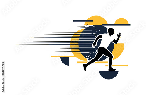 black and white runner pushing into a wall of wind illustrated by strong sweeping lines, white cut-out outline around the figure, geometric semicircles and