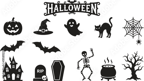 A collection of black Halloween icons on a white background, including a jack-o-lantern, ghost, and skeleton.