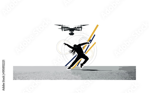 black and white drone camera hovering above a street dancer performing on asphalt, white cut-out outline around drone and dancer silhouette, abstract circular
